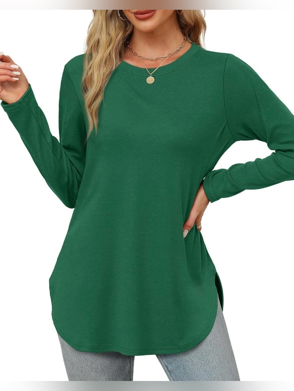 XIEERDUO Womens Long Sleeve Round Neck Side Split Basic Loose Tunic Top Plus